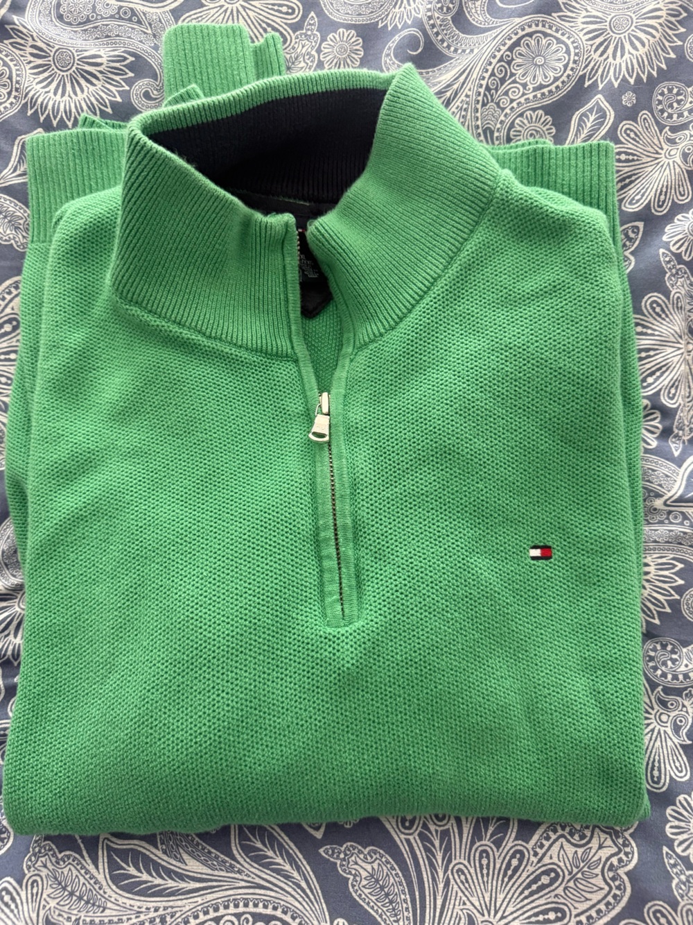 Tommy Hilfiger Green 1/4 Zip Mock Neck Cotton Knit Pullover Sweater XXL